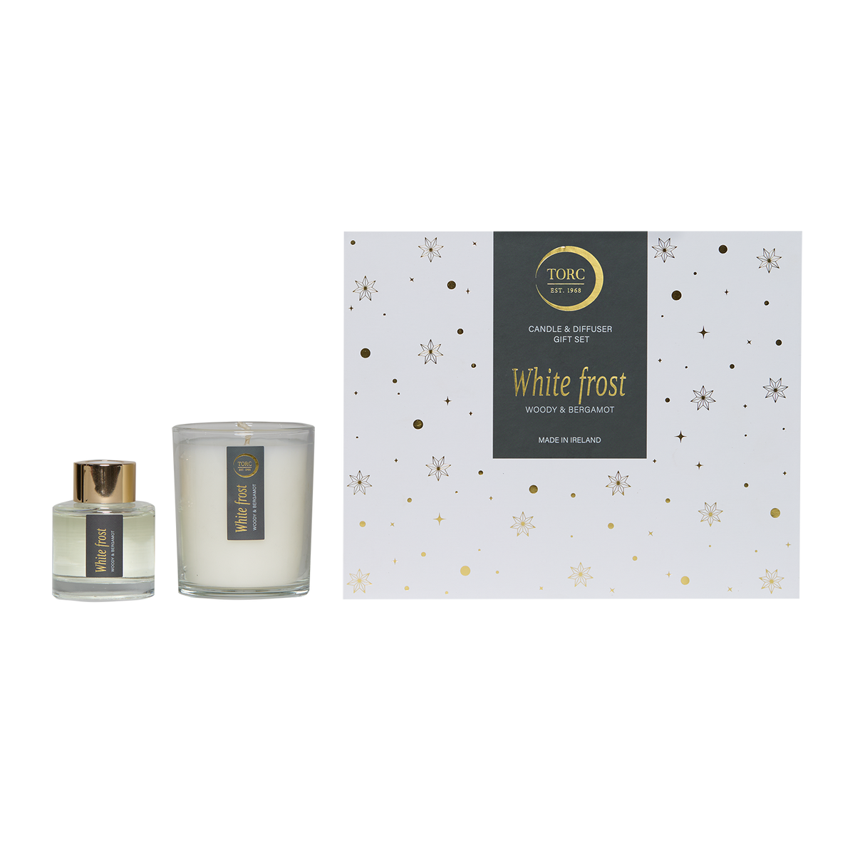 Torc White Frost candle and diffuser gift set with white and gold star-patterned box and black labels.