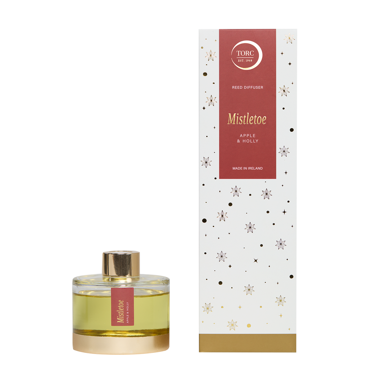 Torc Mistletoe 150ml reed diffuser with gold cap and festive white box decorated with stars and gold accents