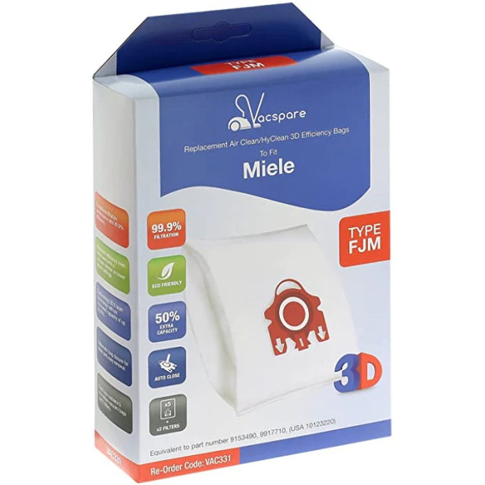 Vacspare Miele Microfibre FJM Vacuum Bags Pack of 5 Red, 99.9% dust filtration, self-sealing, at Kean’s Claremorris – online