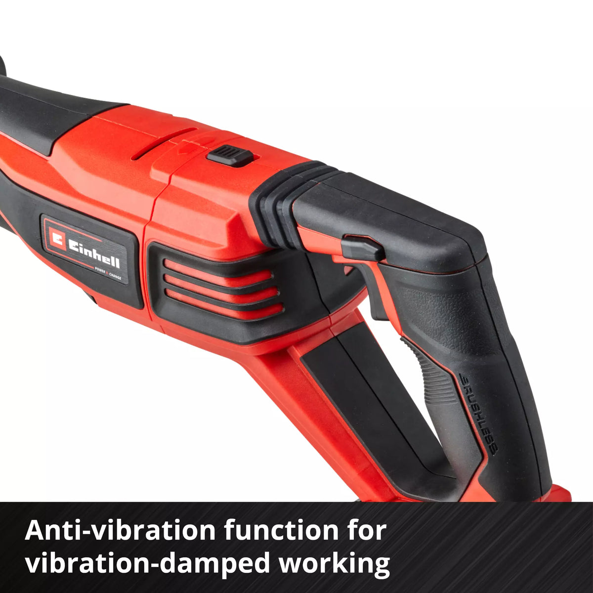 Close-up of the red and black handle and trigger of the Einhell PXC 18V Brushless Reciprocating Saw