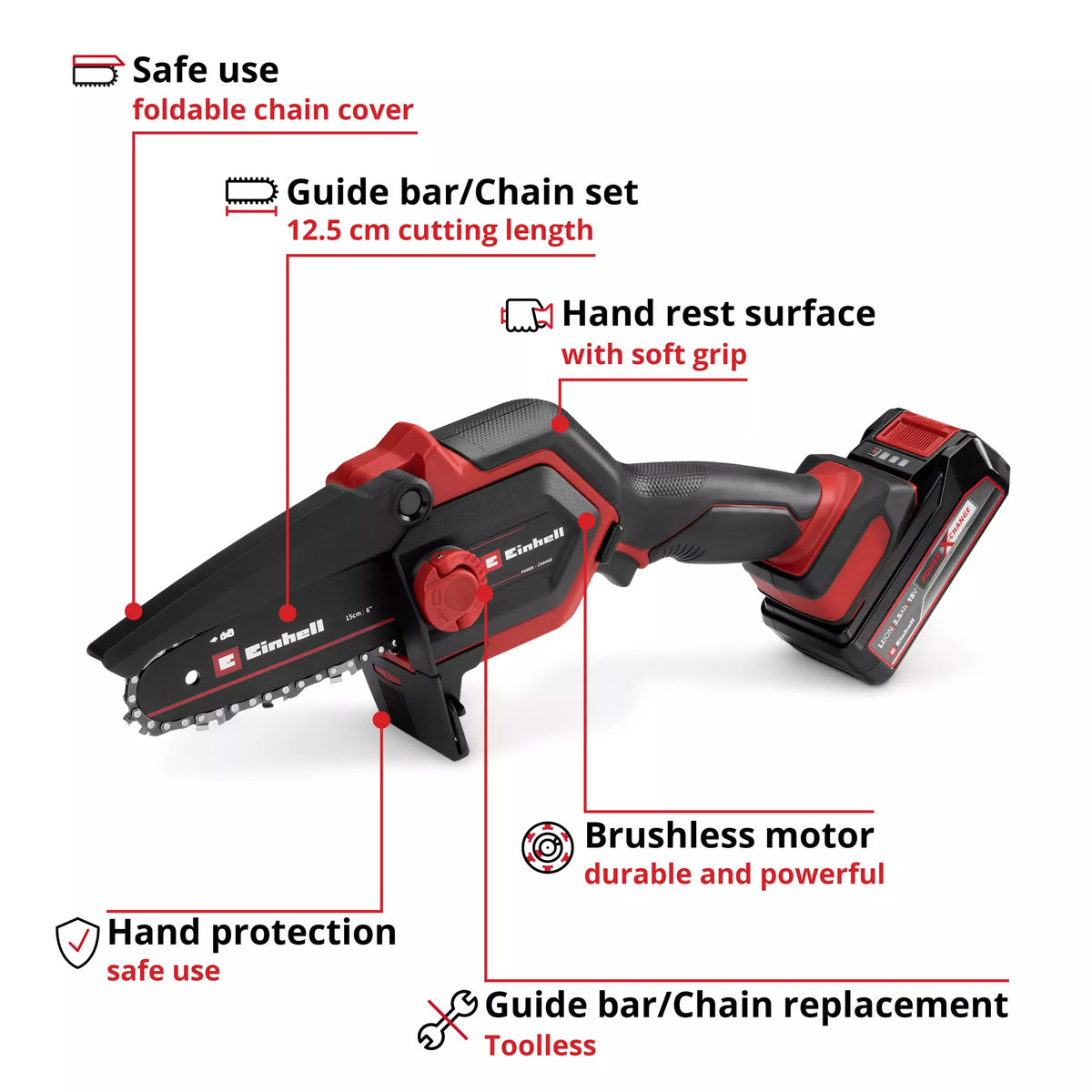 Einhell PXC 18V brushless pruning chainsaw with 12.5 cm guide bar, soft grip handle, and battery pack.