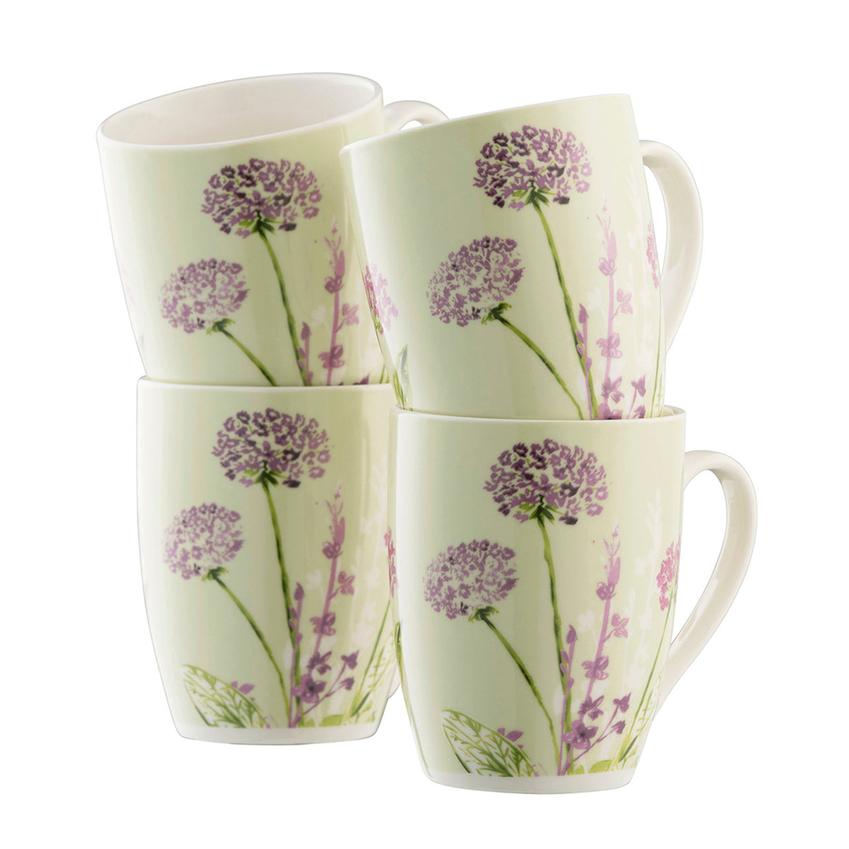 Floral Spree 4 Mug Set with vibrant floral design on pastel mint, fine china, microwave safe, from Kean’s Claremorris. –
