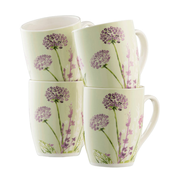 Floral Spree 4 Mug Set with vibrant floral design on pastel mint, fine china, microwave safe, from Kean’s Claremorris. –