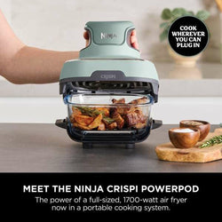 Ninja CRISPi 4-in-1 Portable Glass Air Fryer Sage FN101UKSG, compact, versatile cooking, available at Keans Claremorris