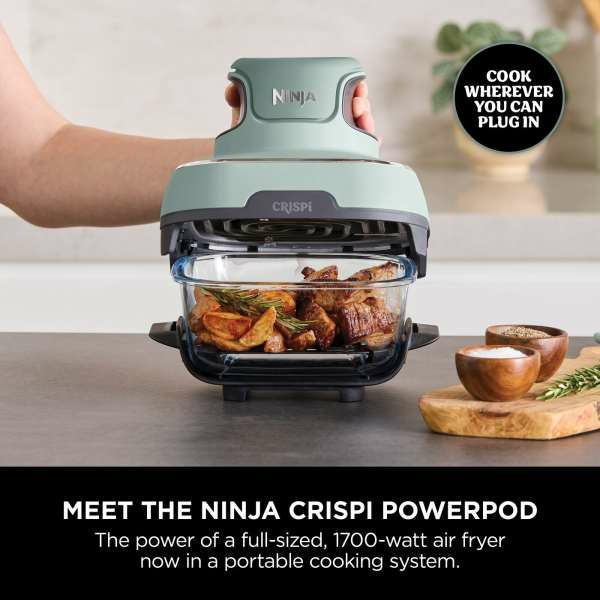 Ninja CRISPi 4-in-1 Portable Glass Air Fryer Sage FN101UKSG, compact, versatile cooking, available at Keans Claremorris