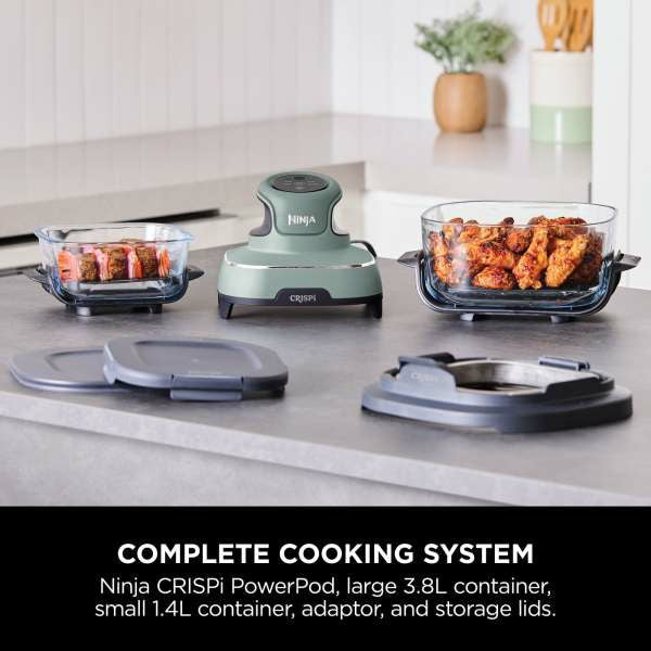 Ninja CRISPi 4-in-1 Portable Glass Air Fryer in Sage, compact design, versatile cooking - available at Keans Claremorris.