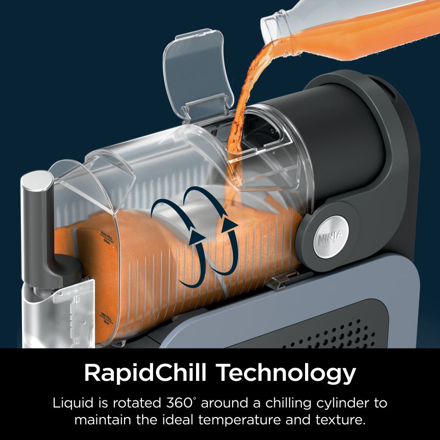 Close-up of Ninja SLUSHi FS301UK showing orange liquid being poured into the rotating chilling cylinder.