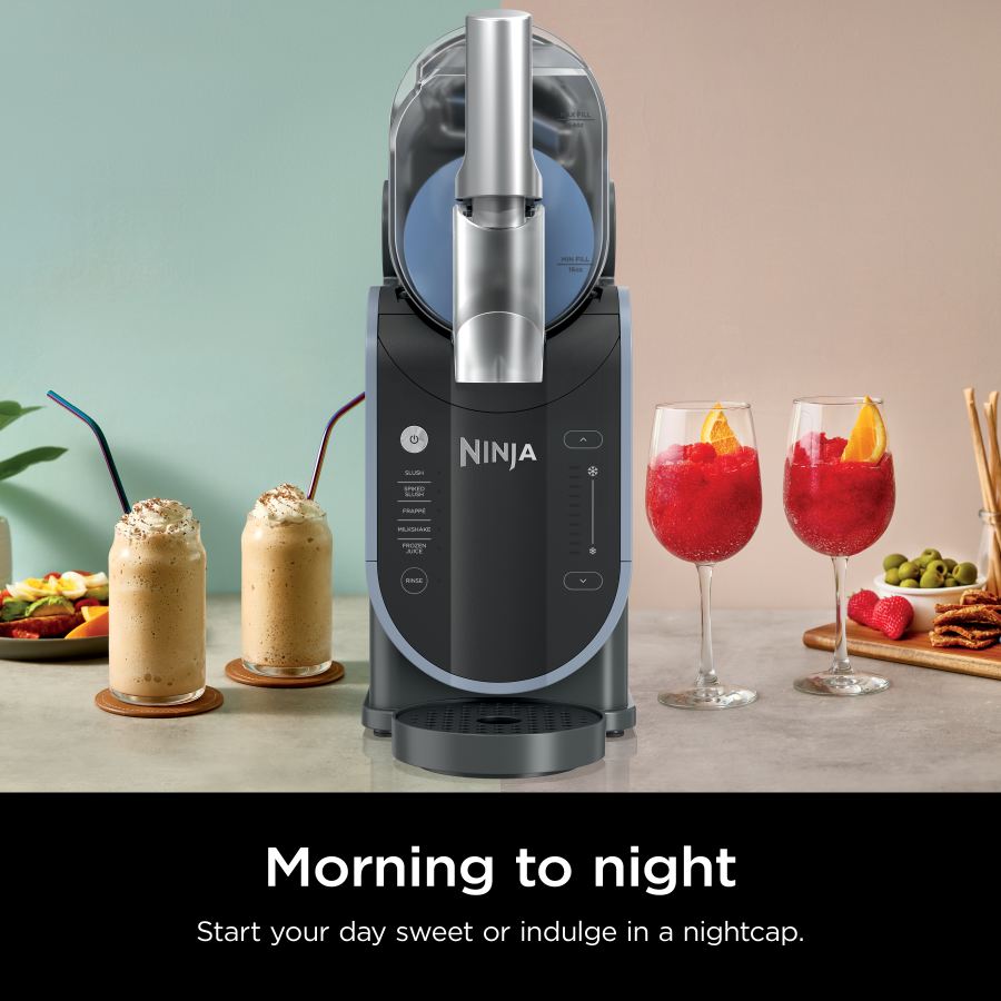 Ninja SLUSHi Professional Frozen Drink Maker with iced coffee drinks and red frozen cocktails on either side