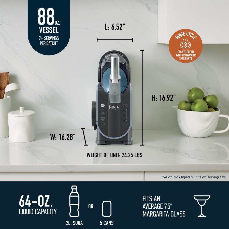 Ninja SLUSHi frozen drink maker on countertop with size dimensions and capacity details displayed