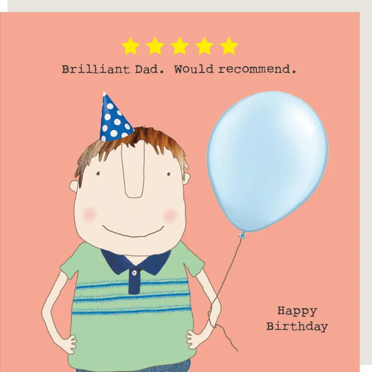 Rosie Five Star Dad birthday card with cartoon man in party hat holding blue balloon on peach background