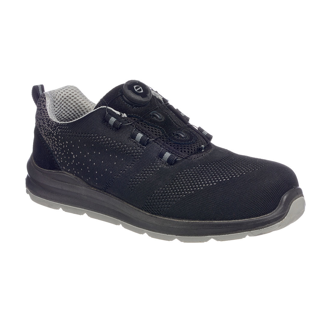 Black and grey Wire Lace Safety Trainer with breathable knitted upper and quick-release wire lacing system.