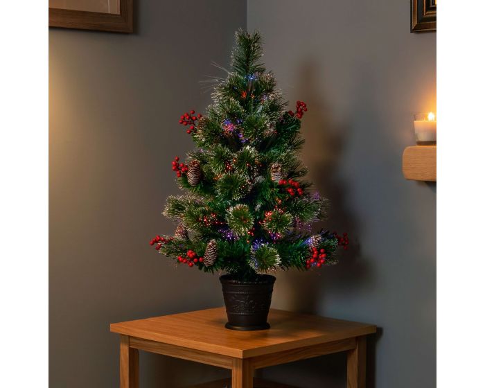 Fibre Optic Snow Tipped Bottle Brush Tree With Berries And Cones 80cm 25440 - Image 1