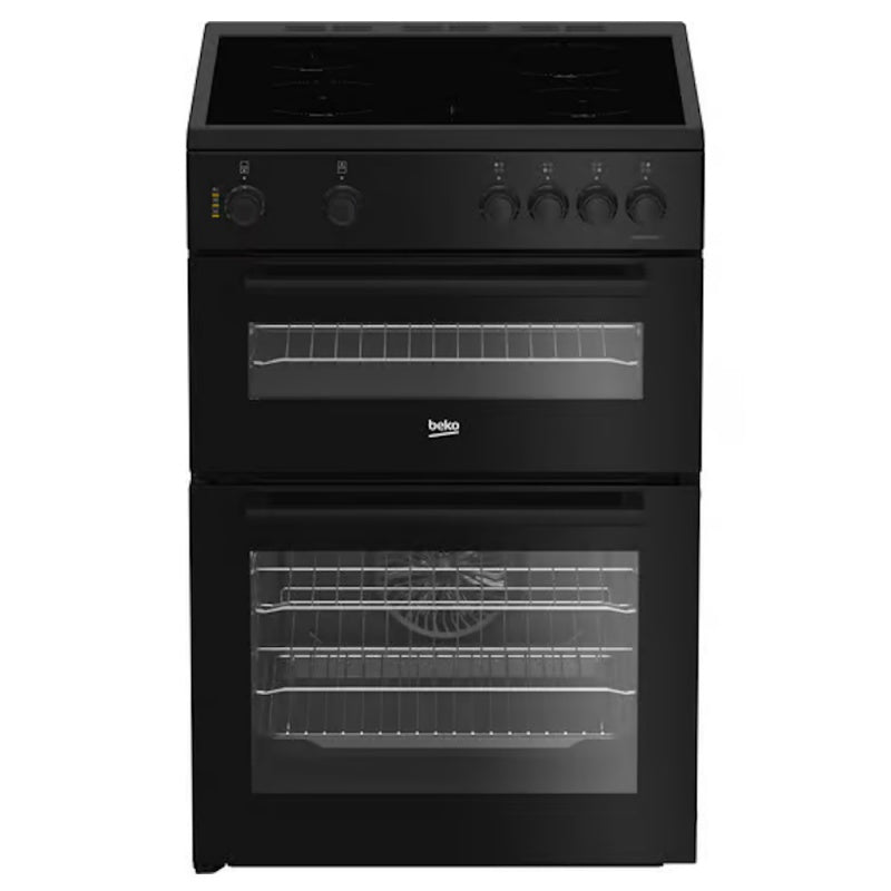 Beko 60cm twin cavity electric cooker in black with dual ovens, glass doors, control knobs, and ceramic hob.