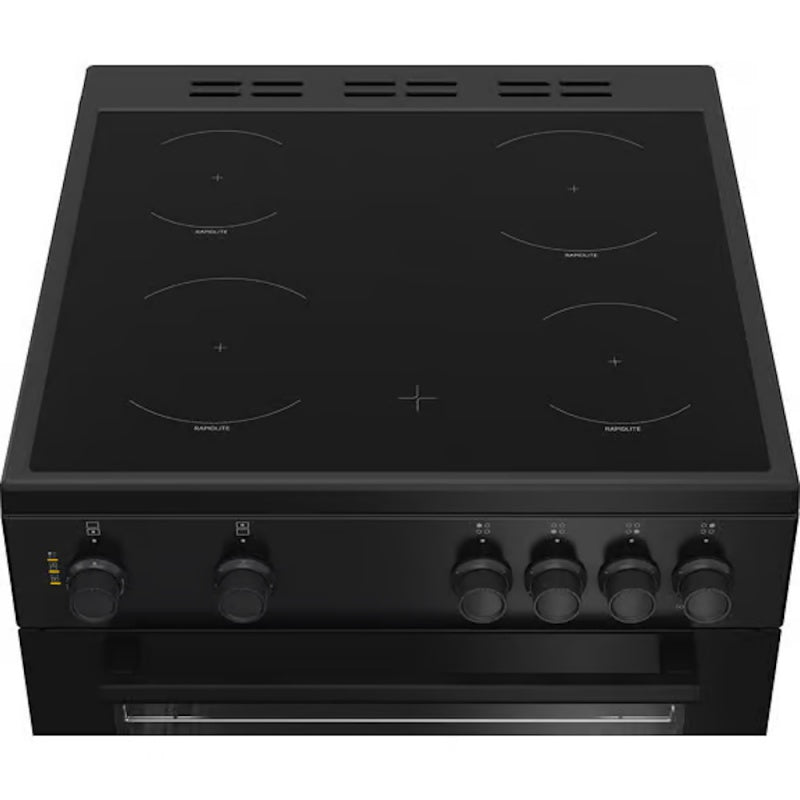 Beko 60cm twin cavity electric cooker with black glass ceramic hob and five control knobs on front panel