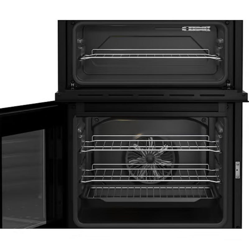 Beko 60cm twin cavity electric cooker with open doors showing wire racks and fan inside both ovens