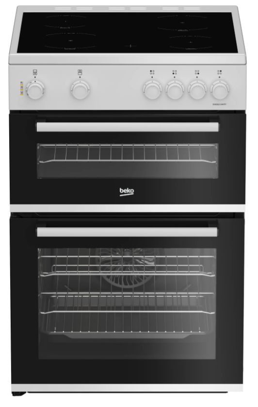 Beko FTC6701W twin cavity electric cooker in white with 4-zone ceramic hob and dual ovens with glass doors.
