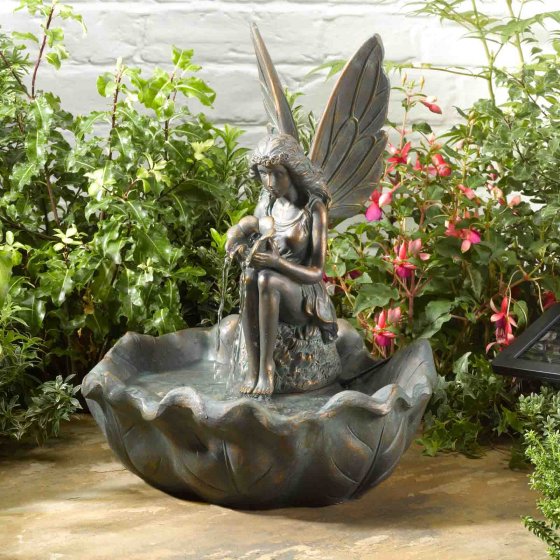Fairy Leaf Fountain solar-powered water feature with bronze finish, flower detail, 3m cable, garden decor by Keans