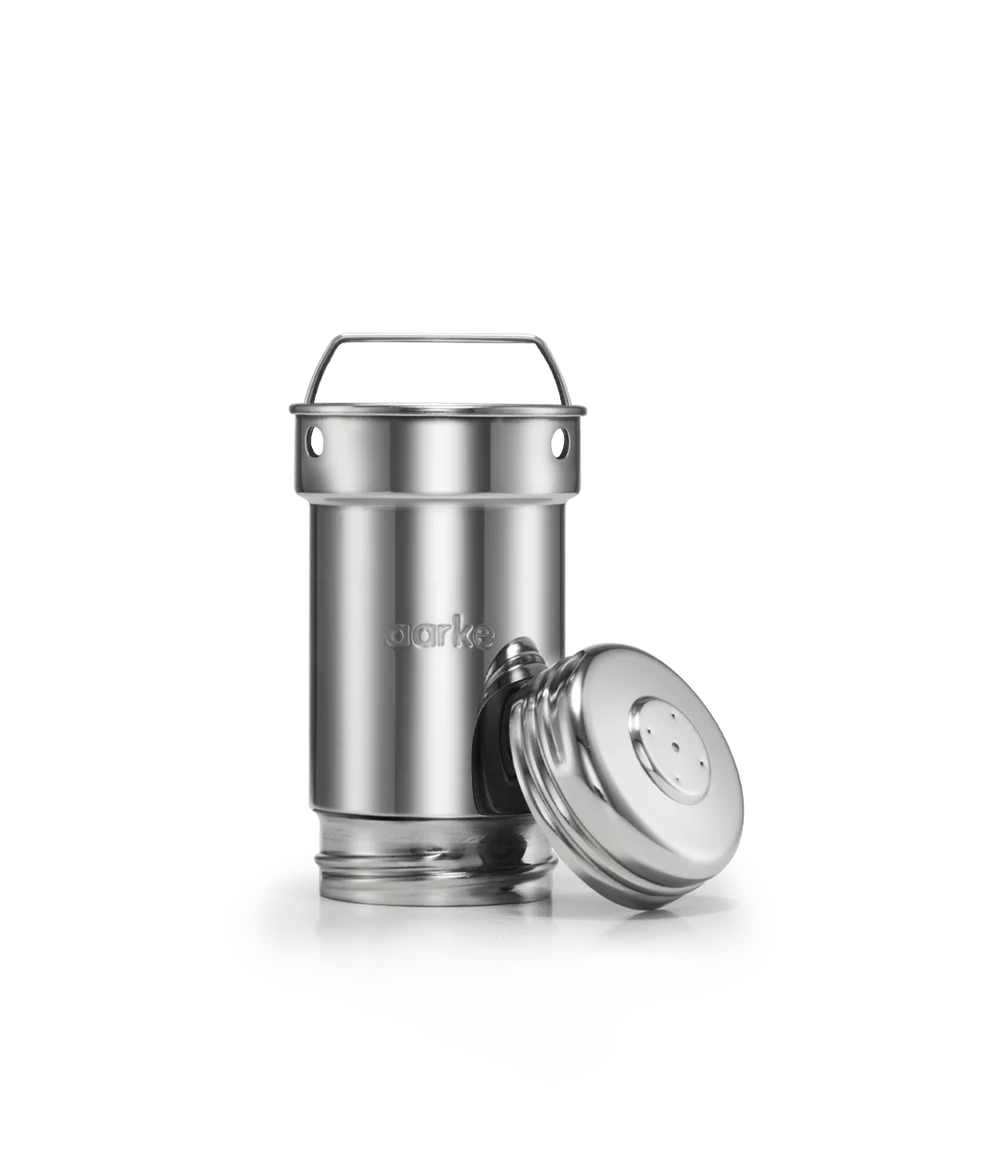 Stainless steel filter cartridge for Aarke Purifier Large Glass Water Filter Pitcher, with handle and cap.