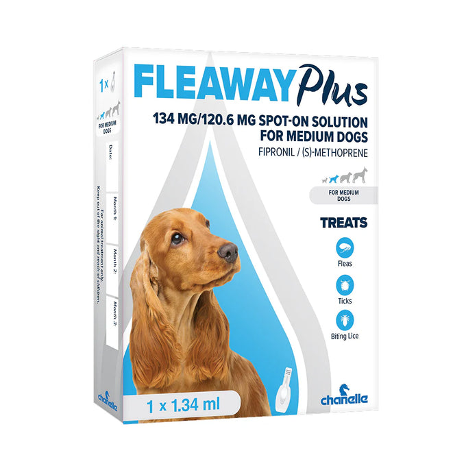 Fleaway Plus Flea Treatment for Medium Dogs 10-20kg, kills fleas, ticks, lice, 4-week protection – Keans Claremorris