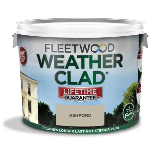 Fleetwood Weatherclad 10L exterior acrylic masonry paint, durable, water-based, mould resistant – available at Keans
