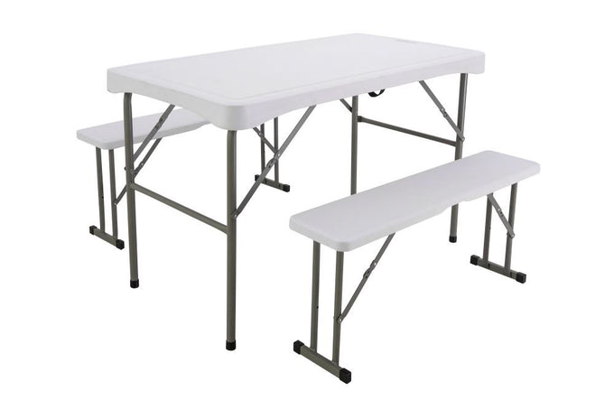 White folding table with 2 benches, HDPE and steel frame, outdoor/indoor use, 112x62x71cm - Keans Claremorris