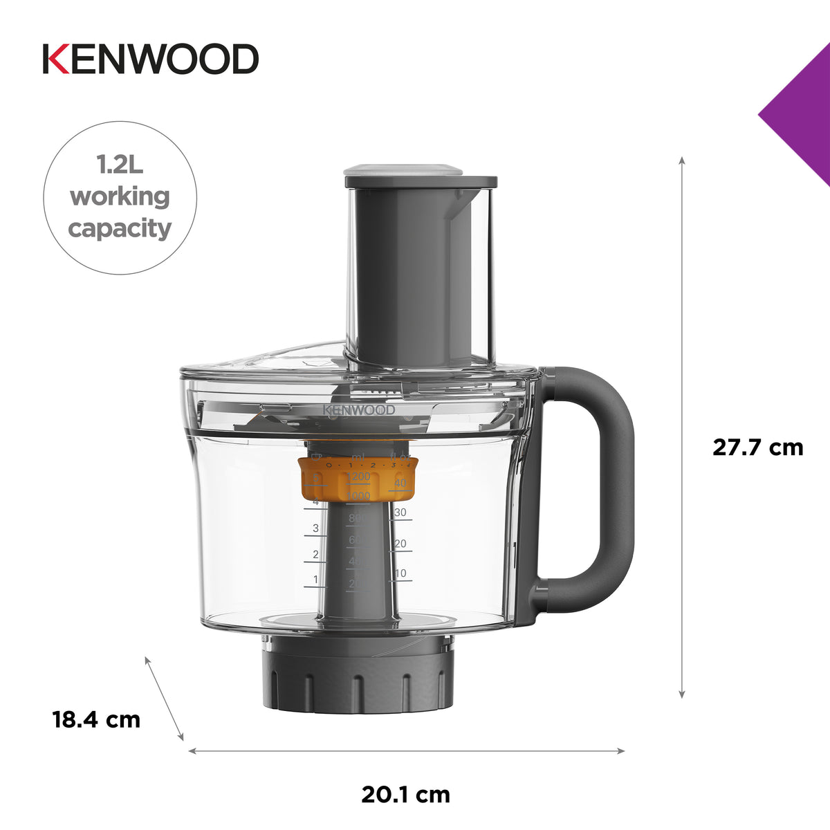 Kenwood Chef Food Processor Attachment with clear container, black handle, and measurement markings.