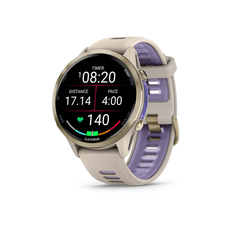 Garmin Forerunner 970 in French Grey/Indigo showing running stats on timer, distance, pace, and heart rate.