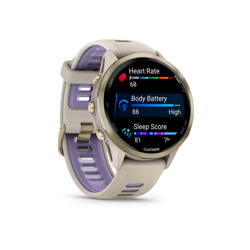 Garmin Forerunner 970 in French Grey/Indigo showing heart rate, body battery, and sleep score on screen