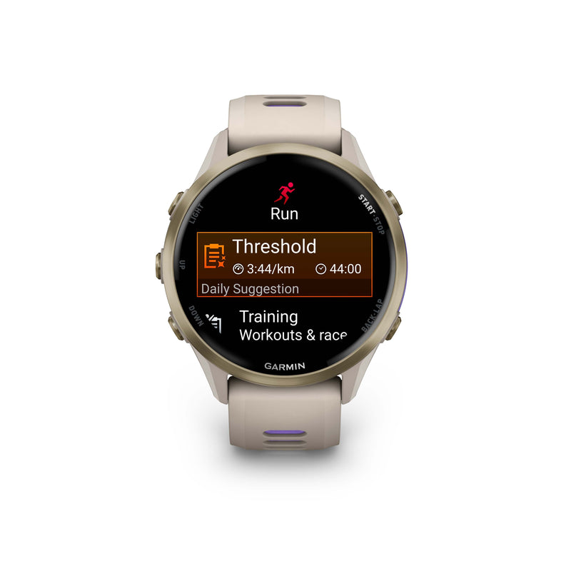 Garmin Forerunner 970 French Grey/Indigo smartwatch showing run workout screen with threshold pace and time.