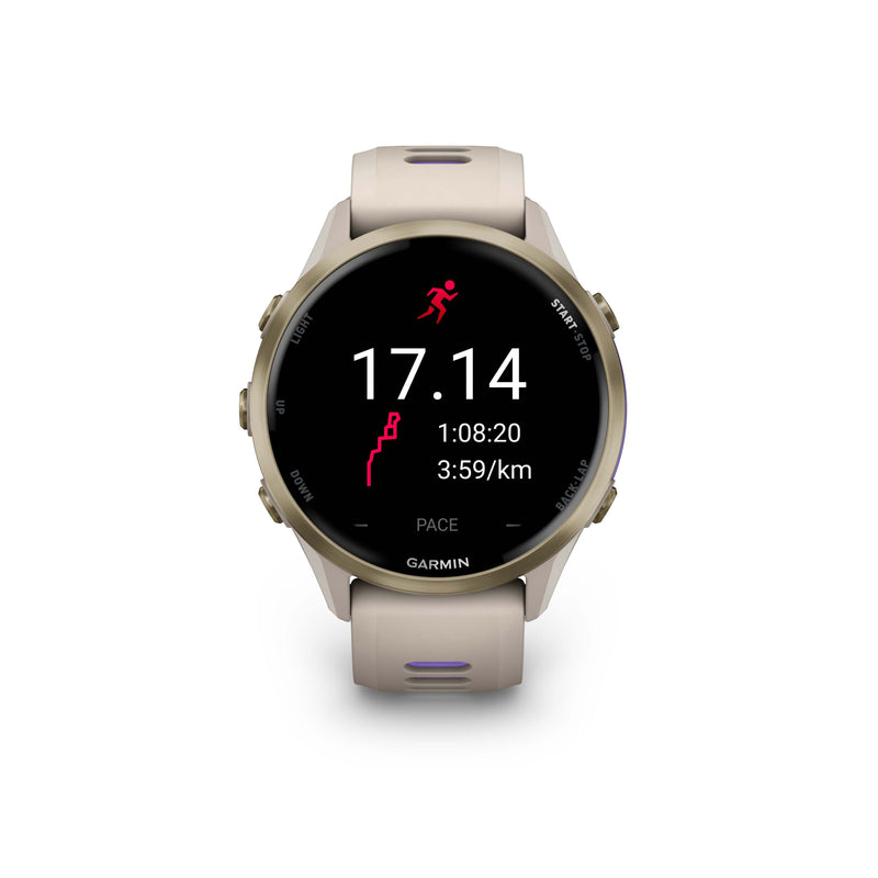 Garmin Forerunner 970 in French Grey/Indigo showing running pace and distance on screen