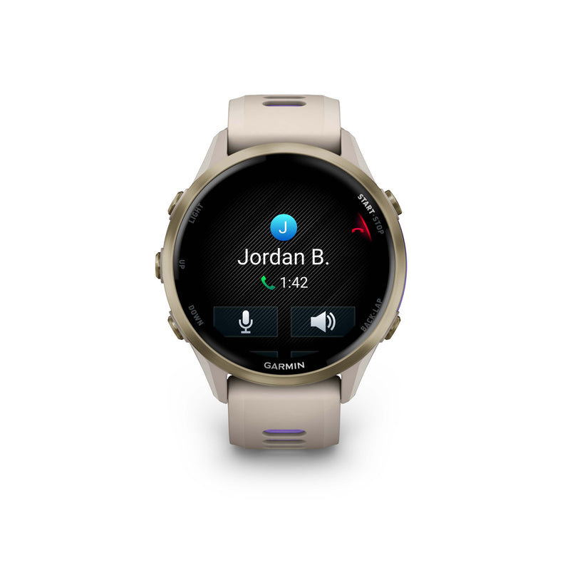Garmin Forerunner 970 French Grey/Indigo smartwatch showing an active call screen with contact Jordan B.