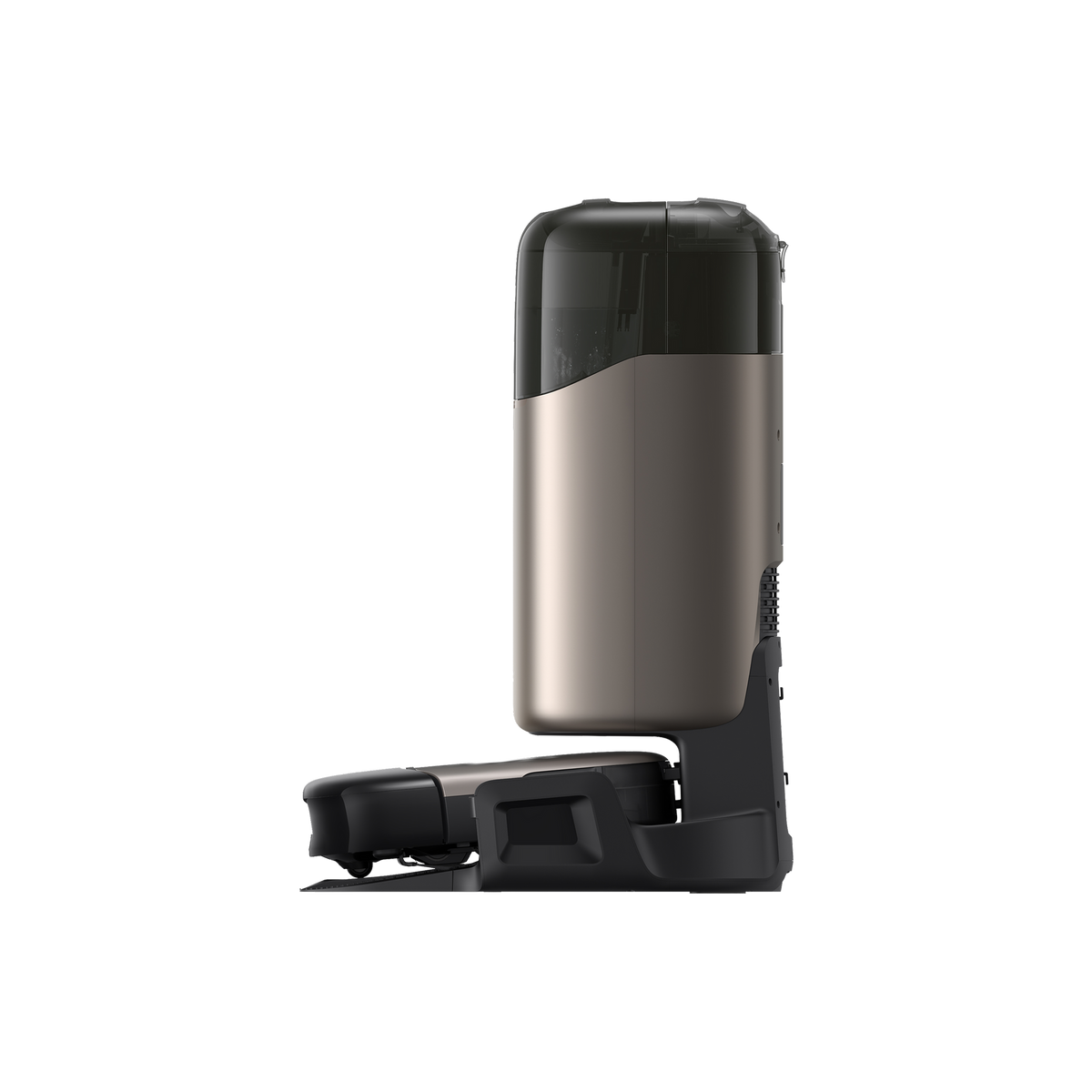 Side view of the Eufy Robot Vacuum Omni S2 Black showing its sleek, modern design and docking station.