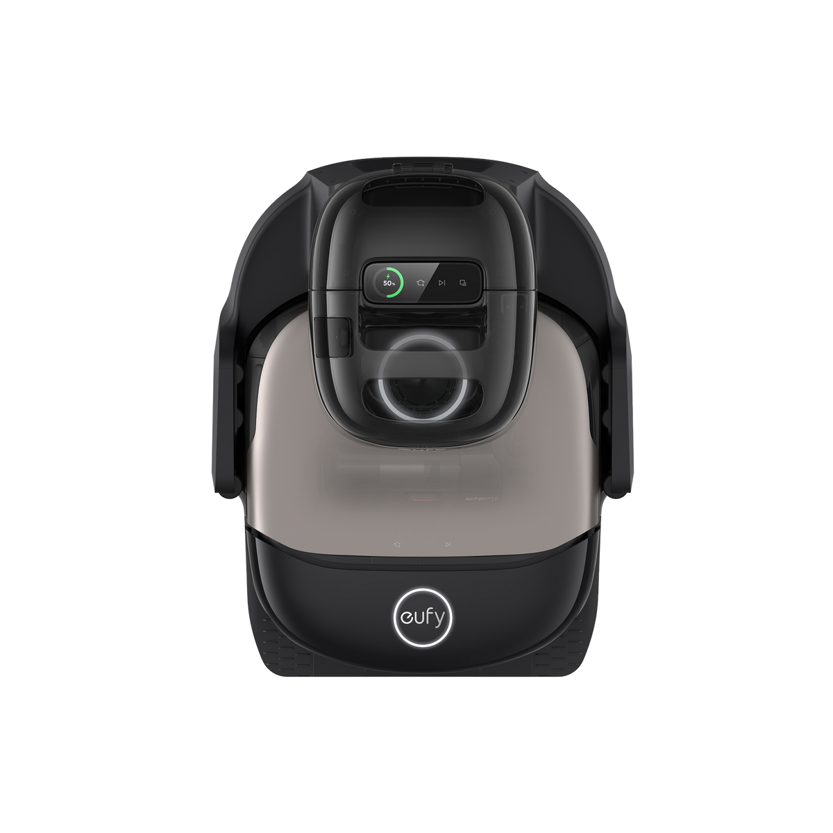 Top view of Eufy Robot Vacuum Omni S2 Black showing control panel and eufy logo on front panel.