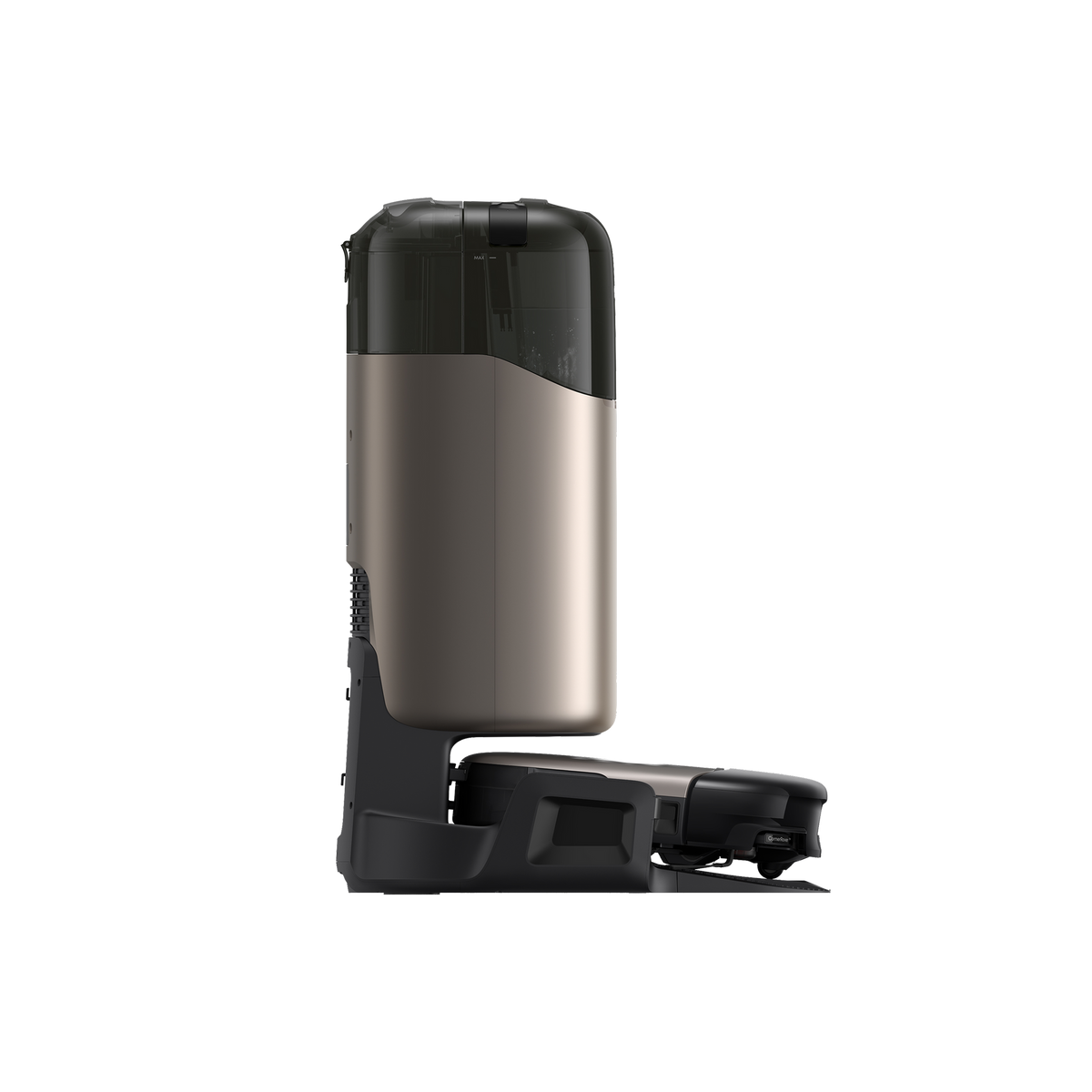 Eufy Robot Vacuum Omni S2 black docking station with tall, sleek dustbin and vacuum base on white background.