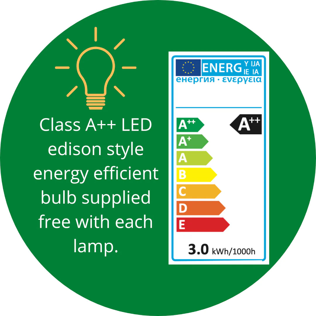 Energy label showing Class A++ LED edison style bulb included with 3.0 kWh/1000h usage.