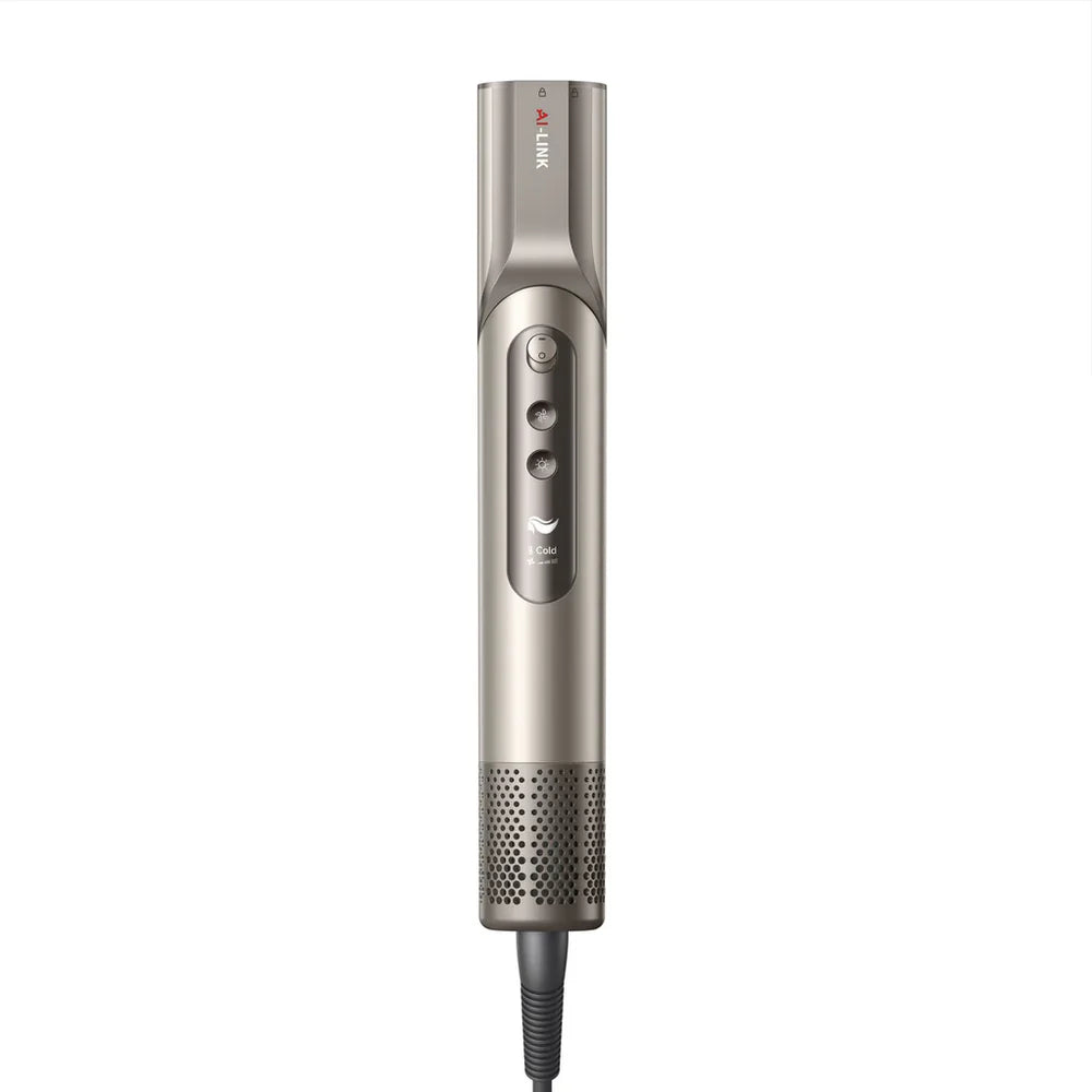 Dreame Dazzle High Speed Hair Dryer AZD20A in metallic finish, front view showing control buttons and cord.
