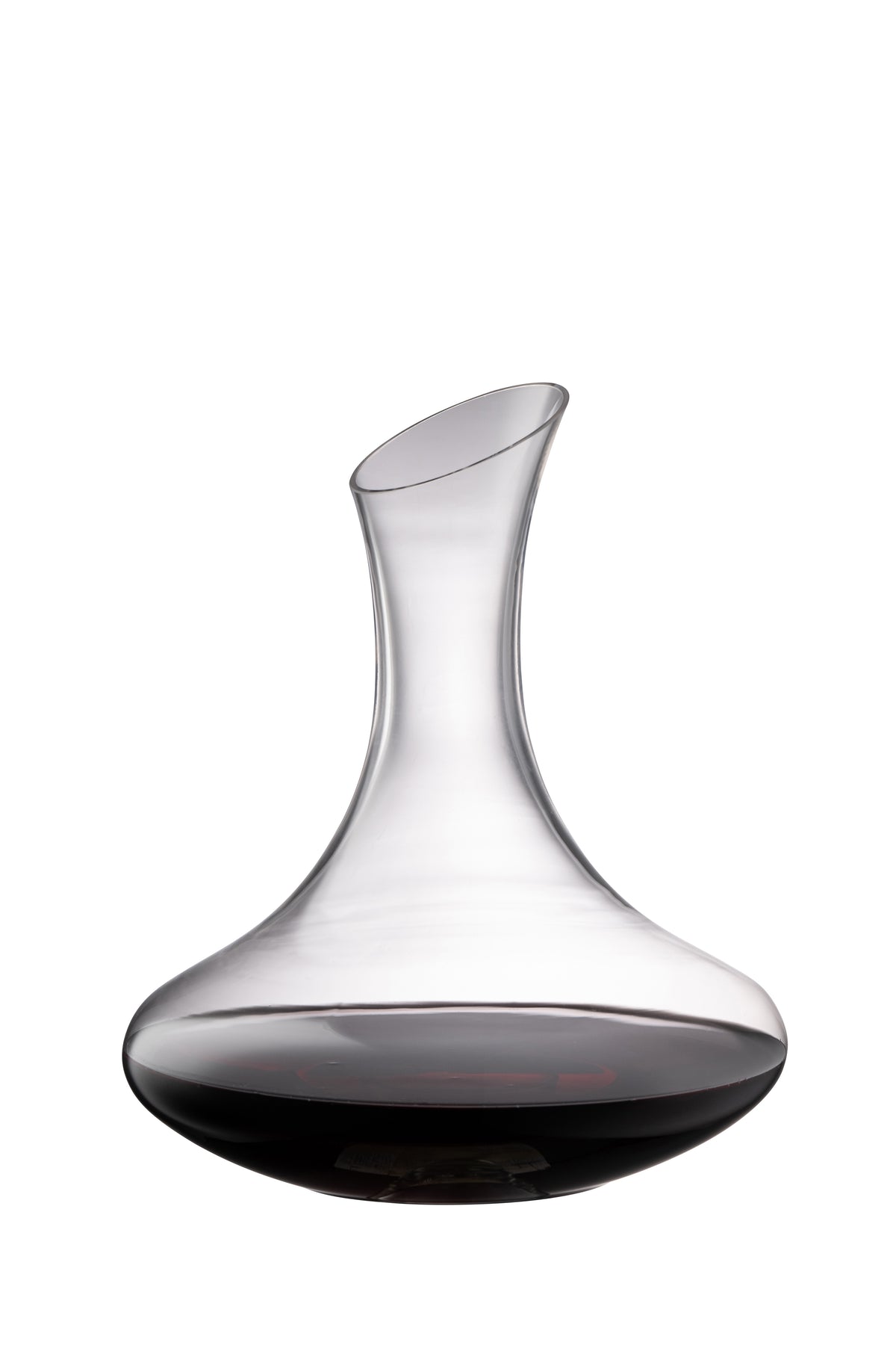 Clear glass Solus Carafe filled partially with red wine, shown from a low angle on white background.