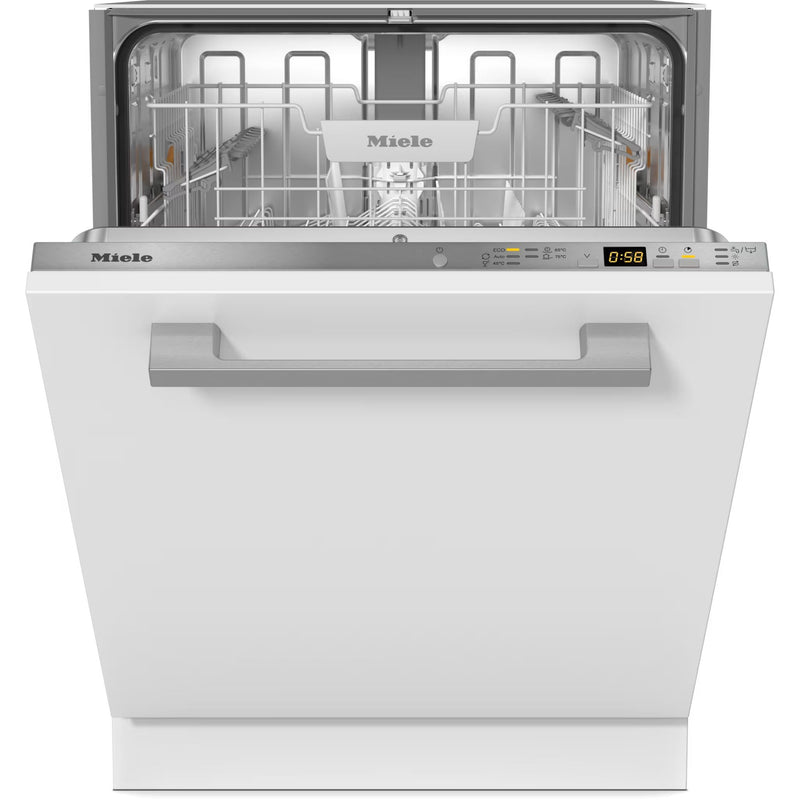 Miele Active 60 cm fully integrated dishwasher with open door showing stainless steel interior and control panel.
