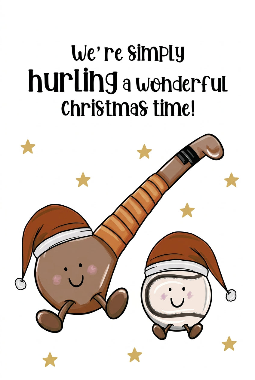 A square greeting card with a white background featuring the text 'We're simply hurling a wonderful Christmas time!' in black lettering. Below the text are two cartoon characters wearing brown Santa hats and smiling, with small gold stars scattered around.