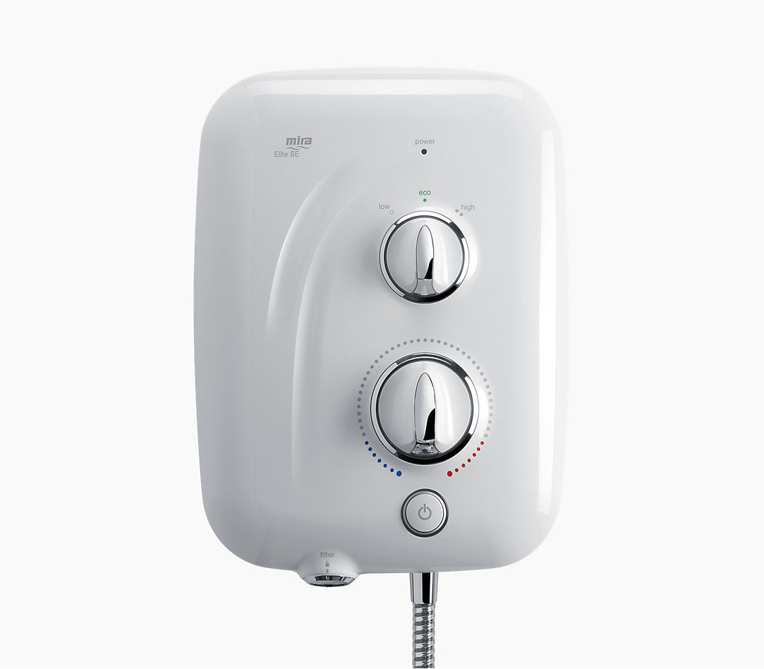 MIRA ELITE SE Electric Shower 9.8kw in white with two chrome control dials and power button on front panel.
