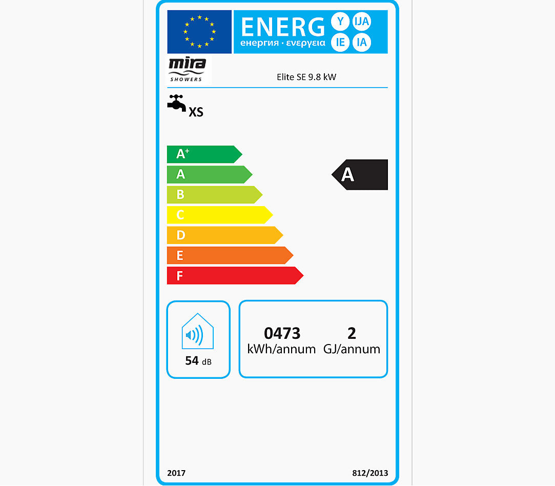 Energy label for Mira Elite SE 9.8kw electric shower showing an A rating and 54 dB noise level.