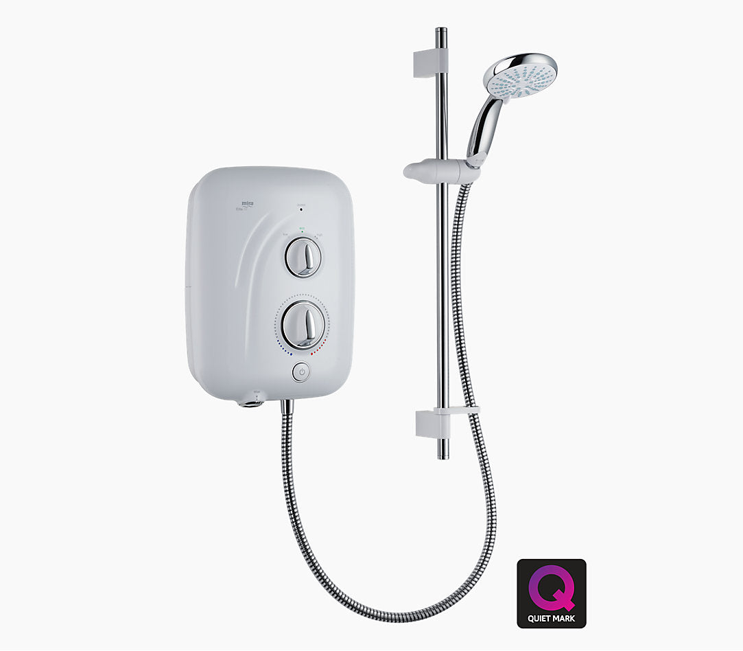 Mira Elite SE 9.8kW white electric shower with chrome hose, adjustable riser rail, and four-spray showerhead