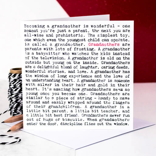 Coulson (Wise) Grandmother card with black and red typographic quotes about grandmothers, shown with white envelope.