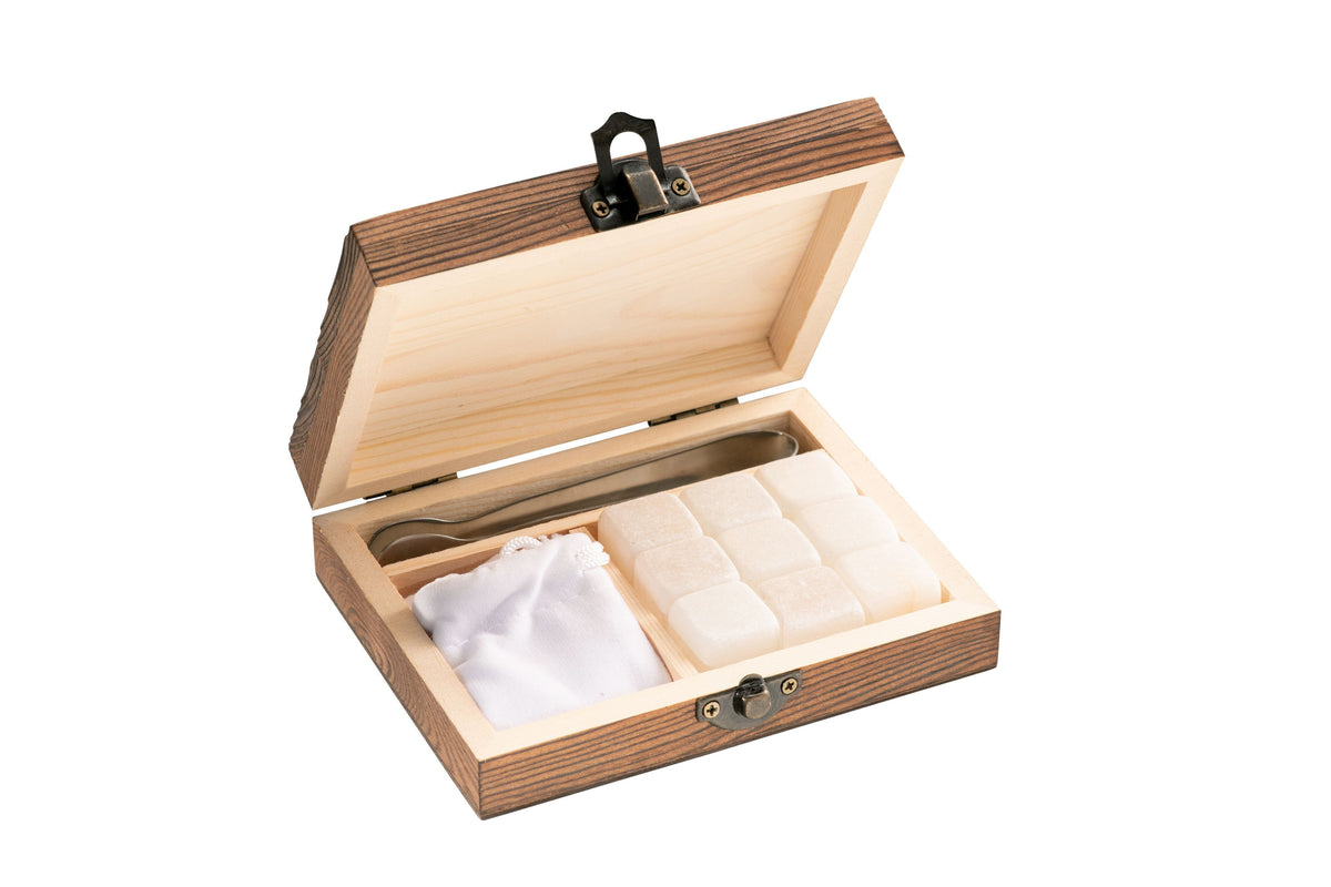 White Jade Cooling Stones Gift Set (9 pcs) with wooden box, ice tongs, velvet pouch – Keans Claremorris