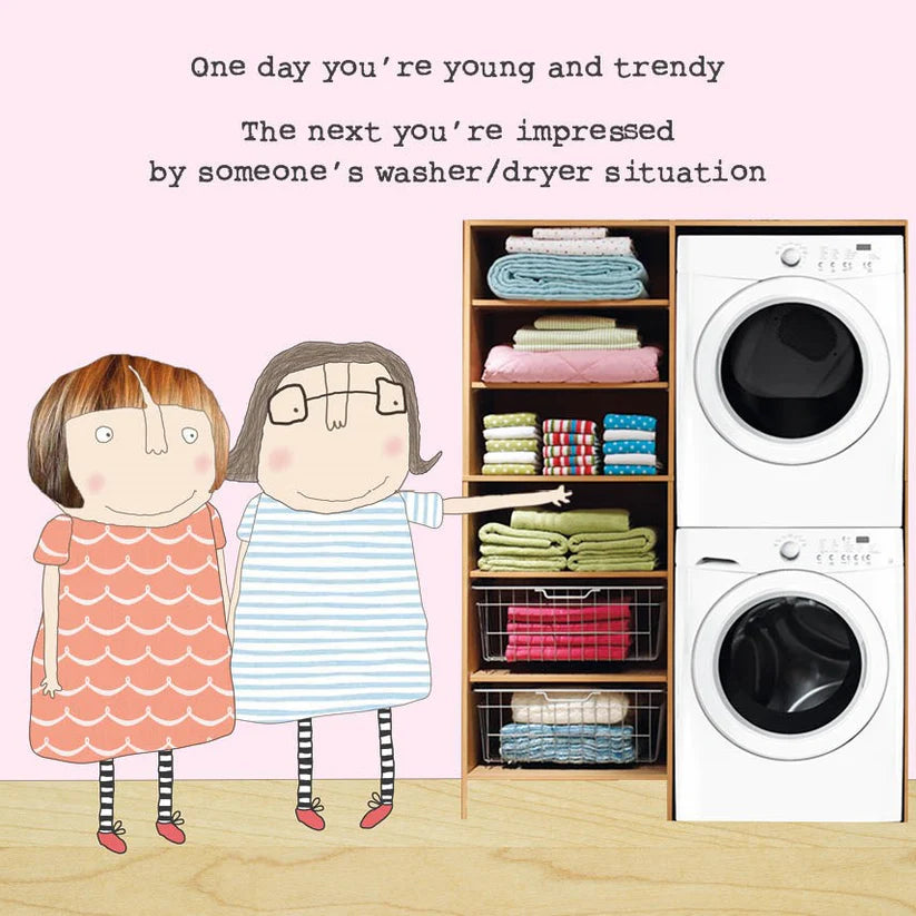 Rosie Washer/Dryer Sentimental Card with cartoon girls, laundry shelf, and washer/dryer illustration on pink background.