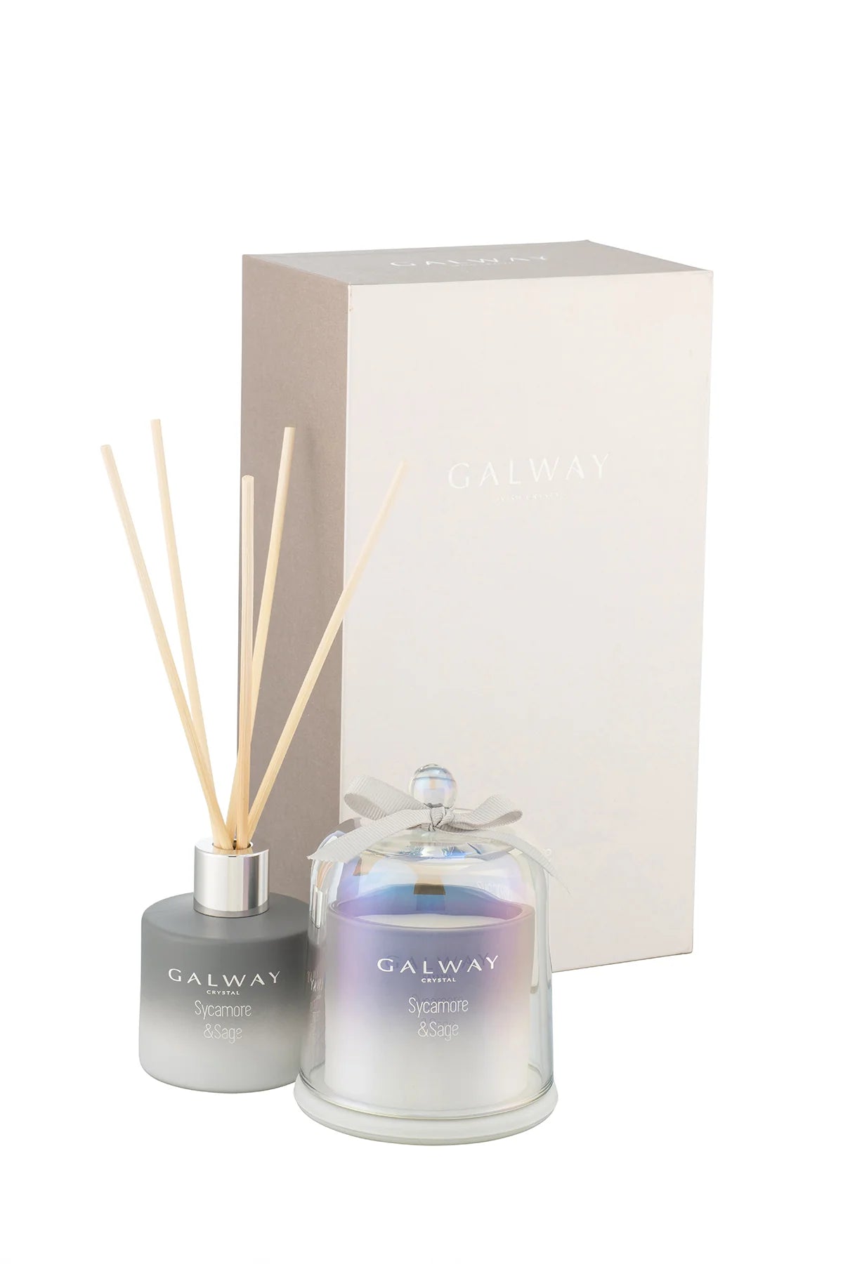 Sycamore & Sage gift set with reed diffuser and bell jar candle, fresh woody fragrance, 24hr burn, Keans Claremorris