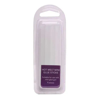 Pack of eight clear mini hot melt glue sticks in transparent plastic packaging with purple label.