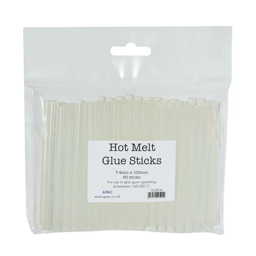 Clear plastic pack of 60 mini hot melt glue sticks, 7.4mm x 100mm, with white label on front