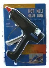 K600 Hot Melt Glue Gun in black with red nozzle, shown in packaging on blue and orange backing card.