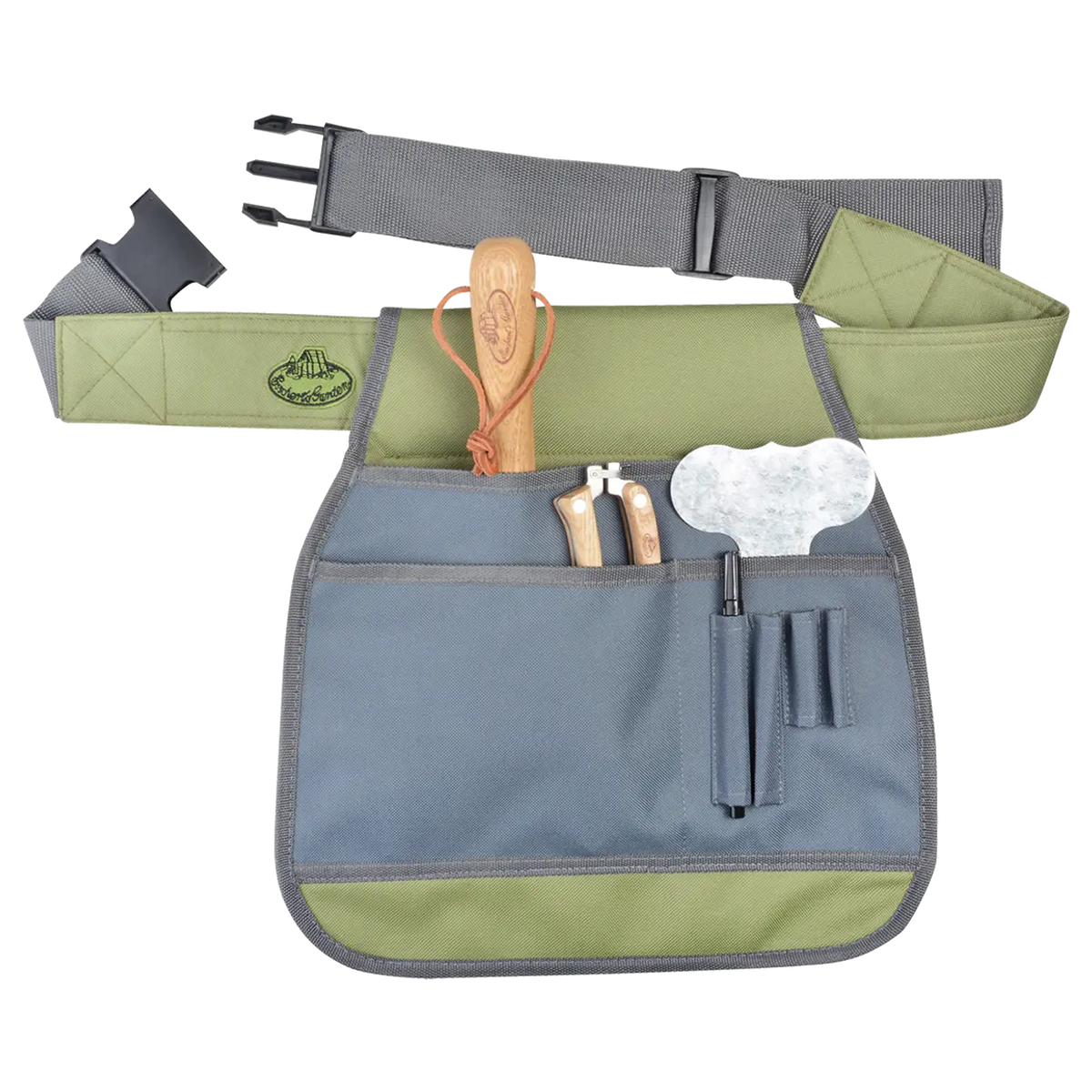 Grey and green garden tool belt with multiple pockets holding wooden-handled gardening tools and a marker pen.